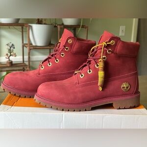 Timberland Burgundy Boots with Yellow & gold Accents